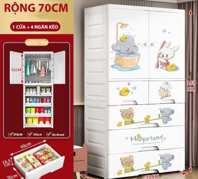 Tủ Nhựa Cao Cấp 5 Ngăn Họa Tiết Động Vật Dễ Thương (Size Lớn)