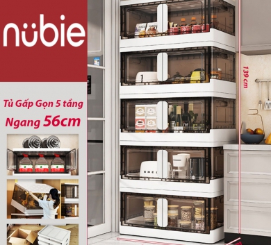 Tủ Đựng Đồ Gấp Gọn Nubie Cao Cấp 5 Tầng, Cửa Nam Châm, Kèm Bánh Xe