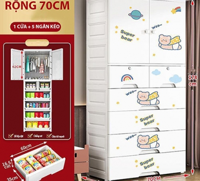 Tủ Nhựa 6 Ngăn Họa Tiết Hoạt Hình, Nhựa Nguyên Sinh Cao Cấp (Size Lớn)